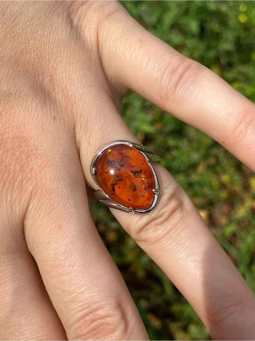 Genuine Amber Sterling Silver Ring Size 6
